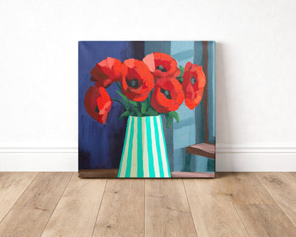 Painting of red flowers in a striped vase on a wooden floor.