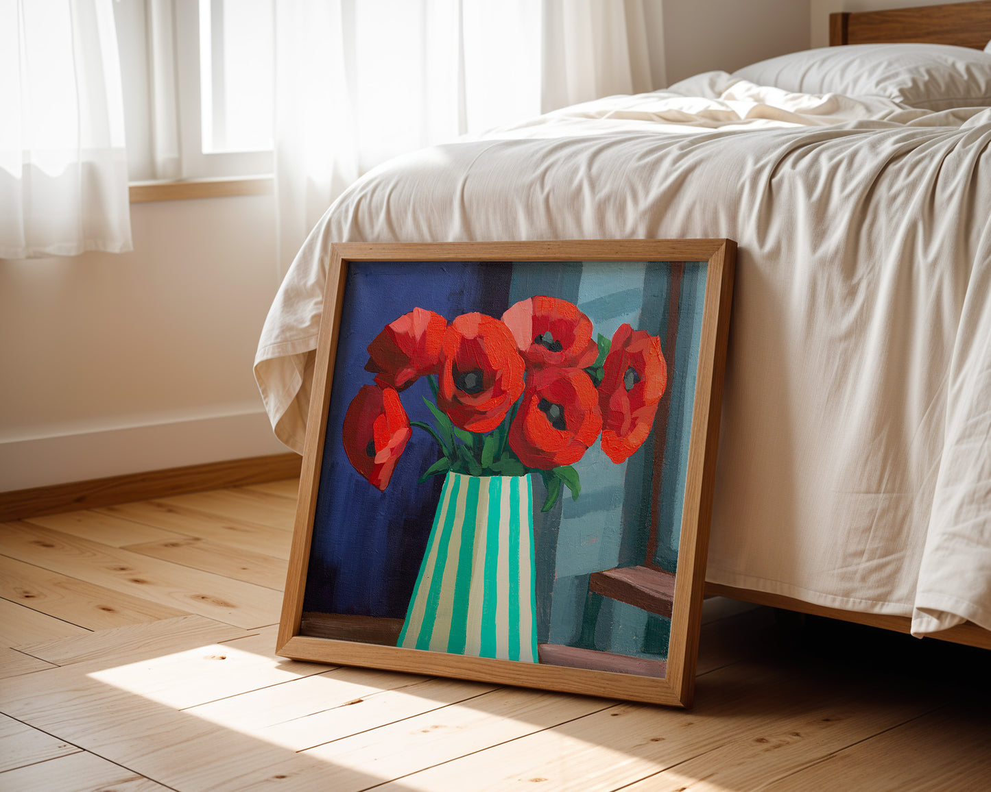 Red Poppies in Striped Vase Fine Art Print