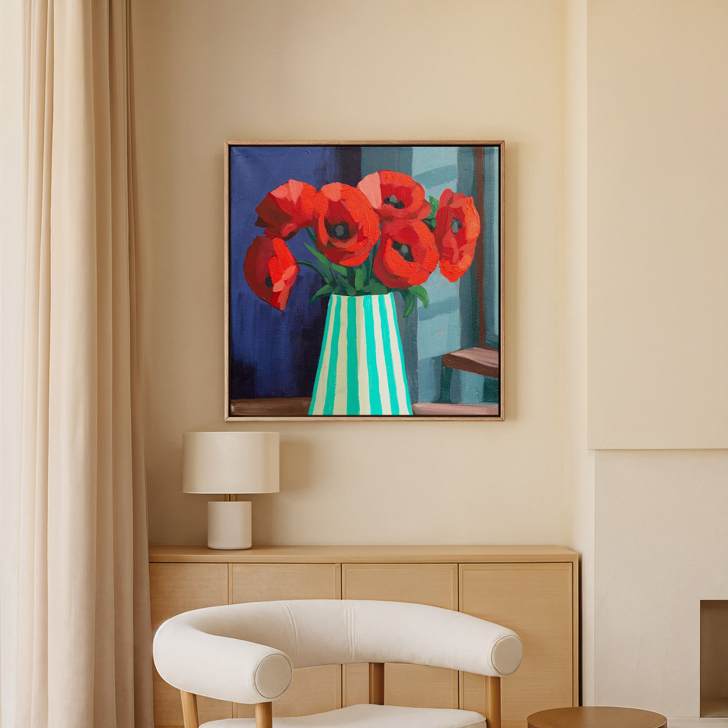Red Poppies in Striped Vase Fine Art Print