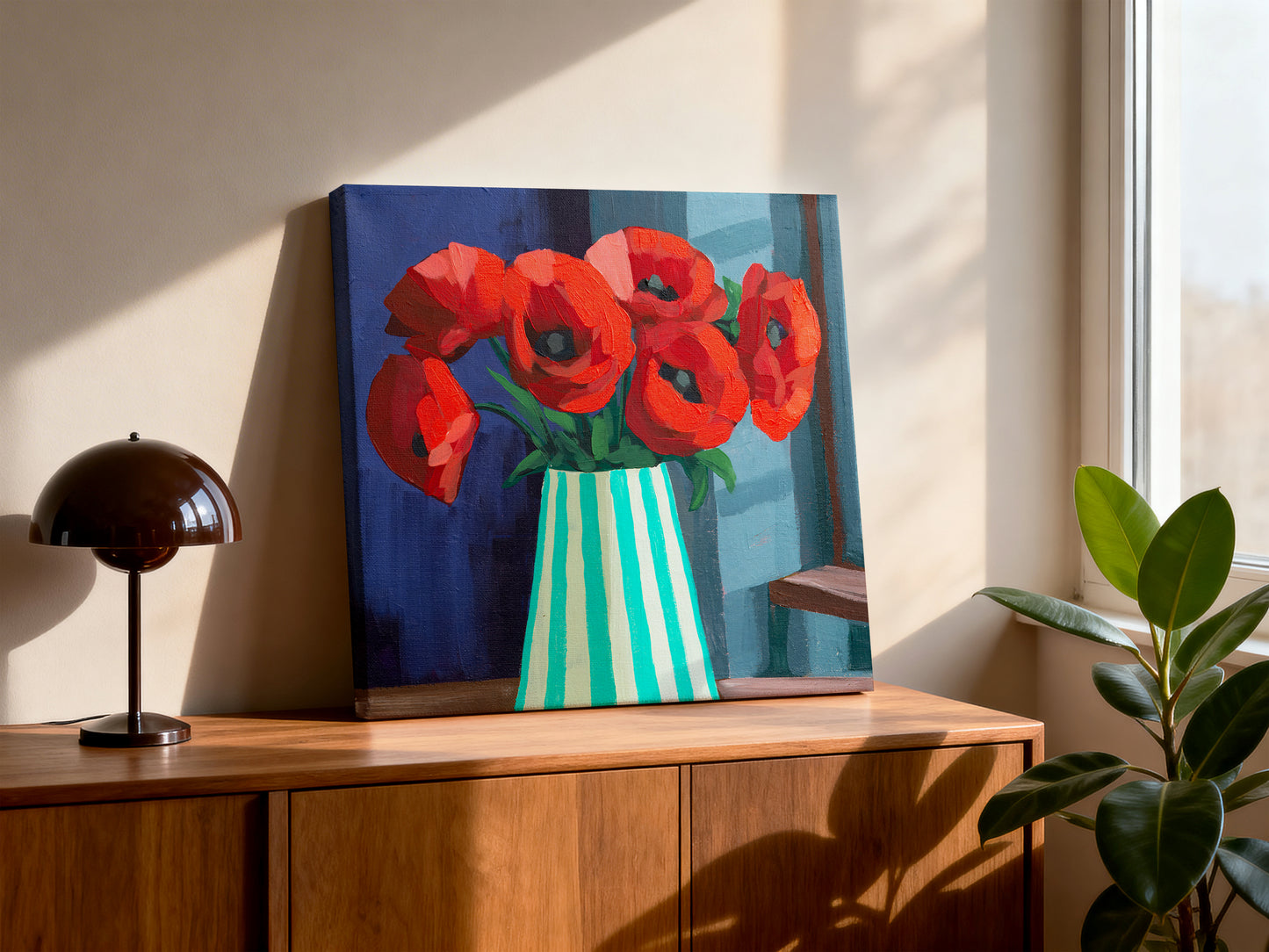 Red Poppies in Striped Vase Fine Art Print
