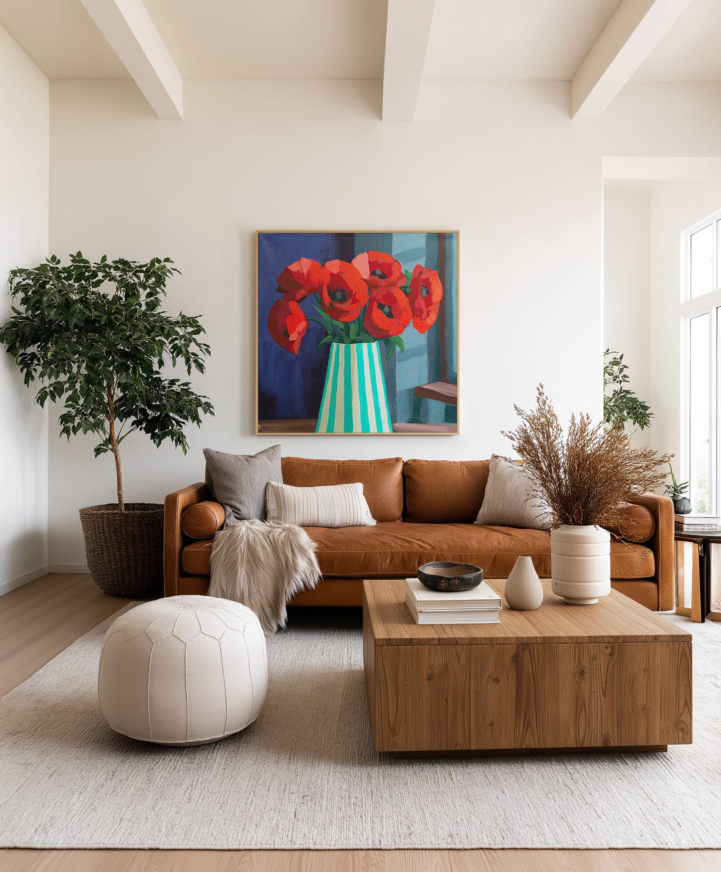 Red Poppies in Striped Vase Fine Art Print