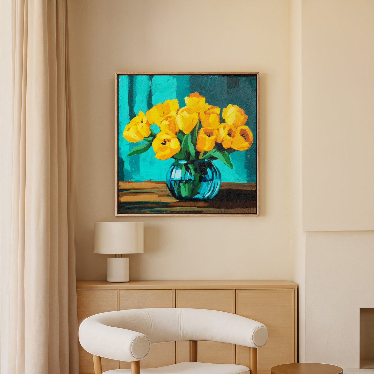 Yellow Tulips in Blue Vase Fine Art Print