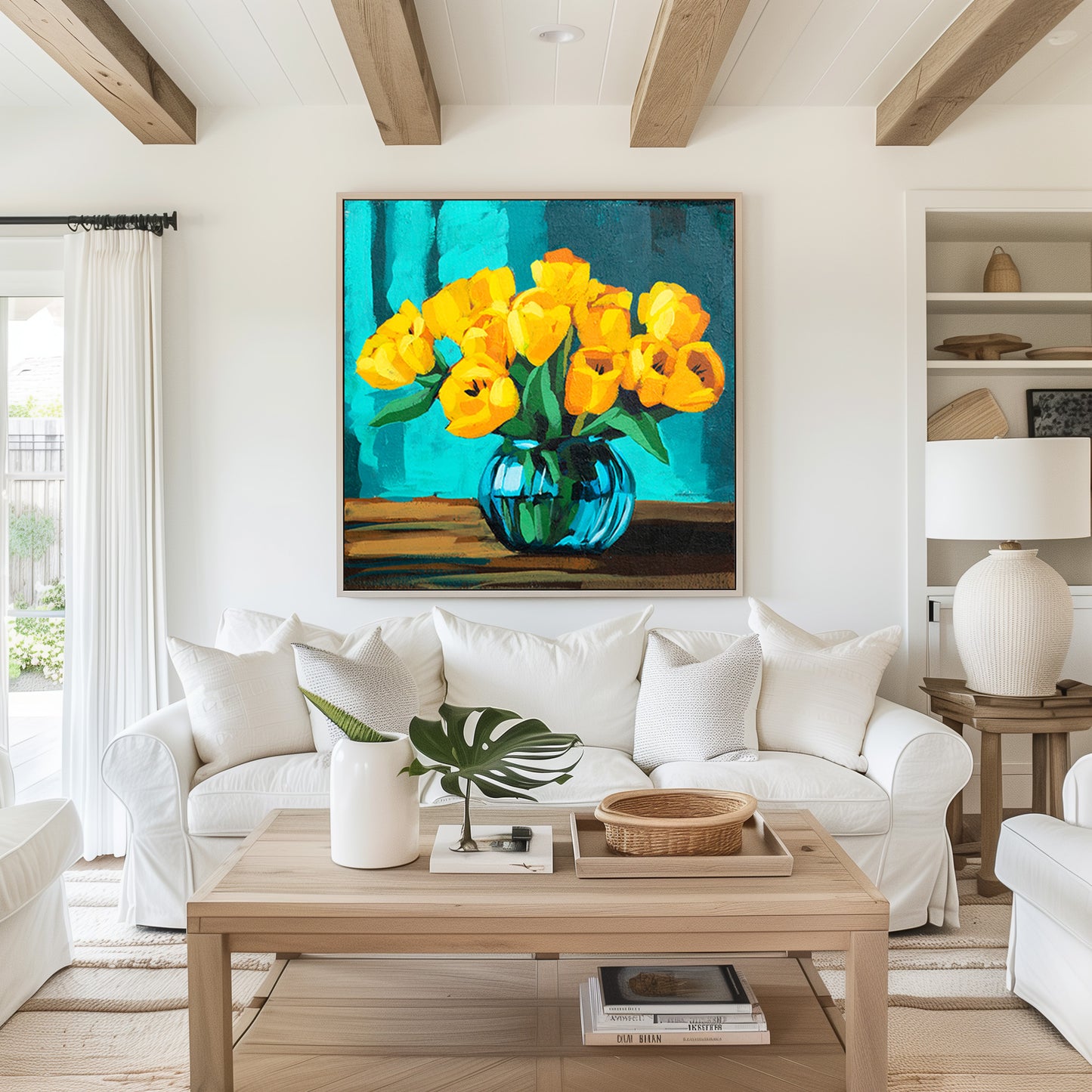Yellow Tulips in Blue Vase Fine Art Print