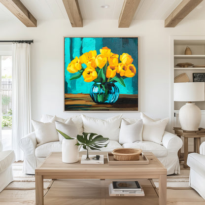 Yellow Tulips in Blue Vase Fine Art Print