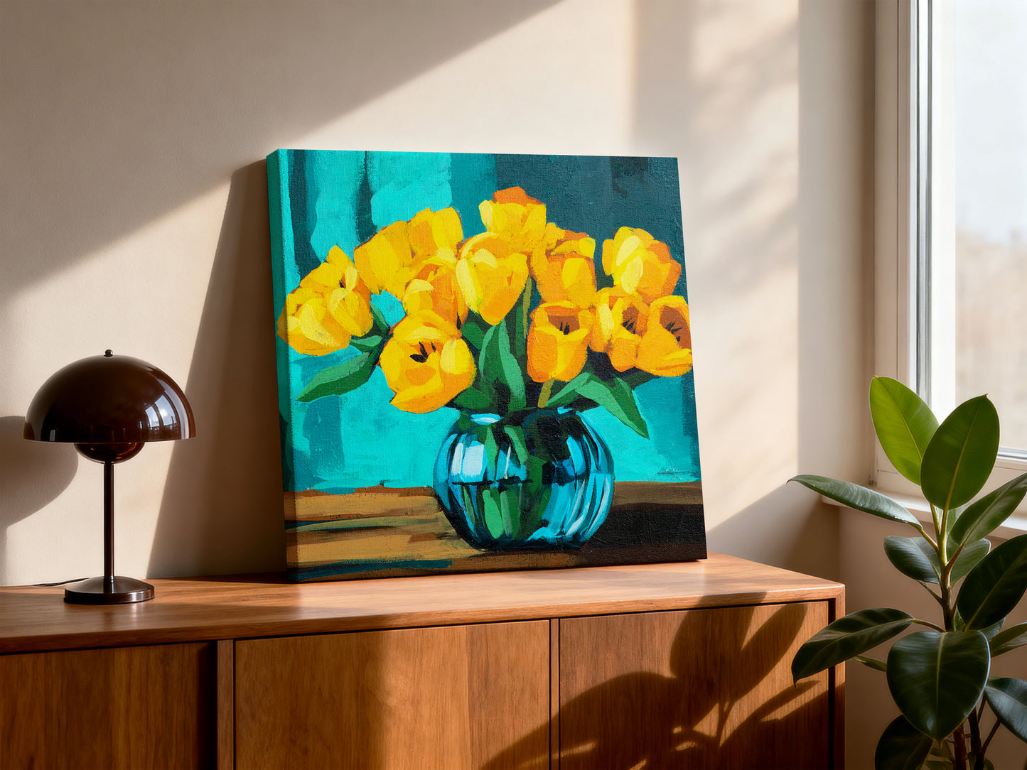 Yellow Tulips in Blue Vase Fine Art Print