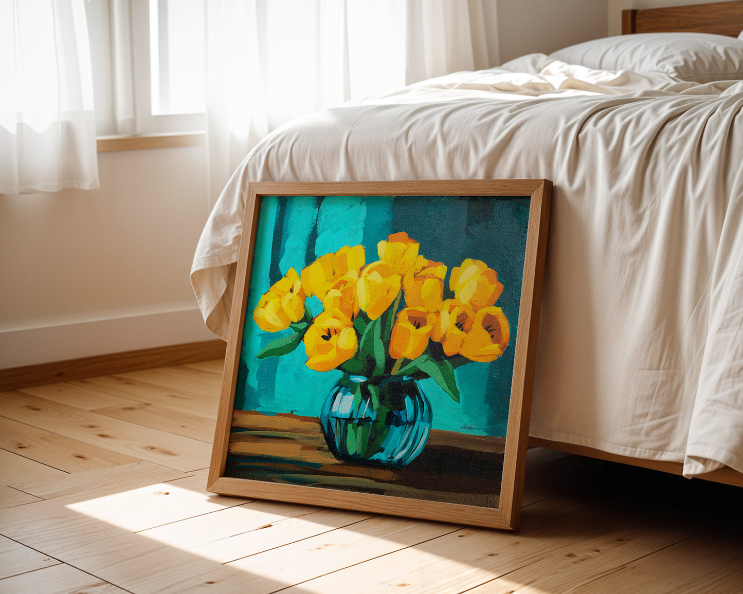 Yellow Tulips in Blue Vase Fine Art Print