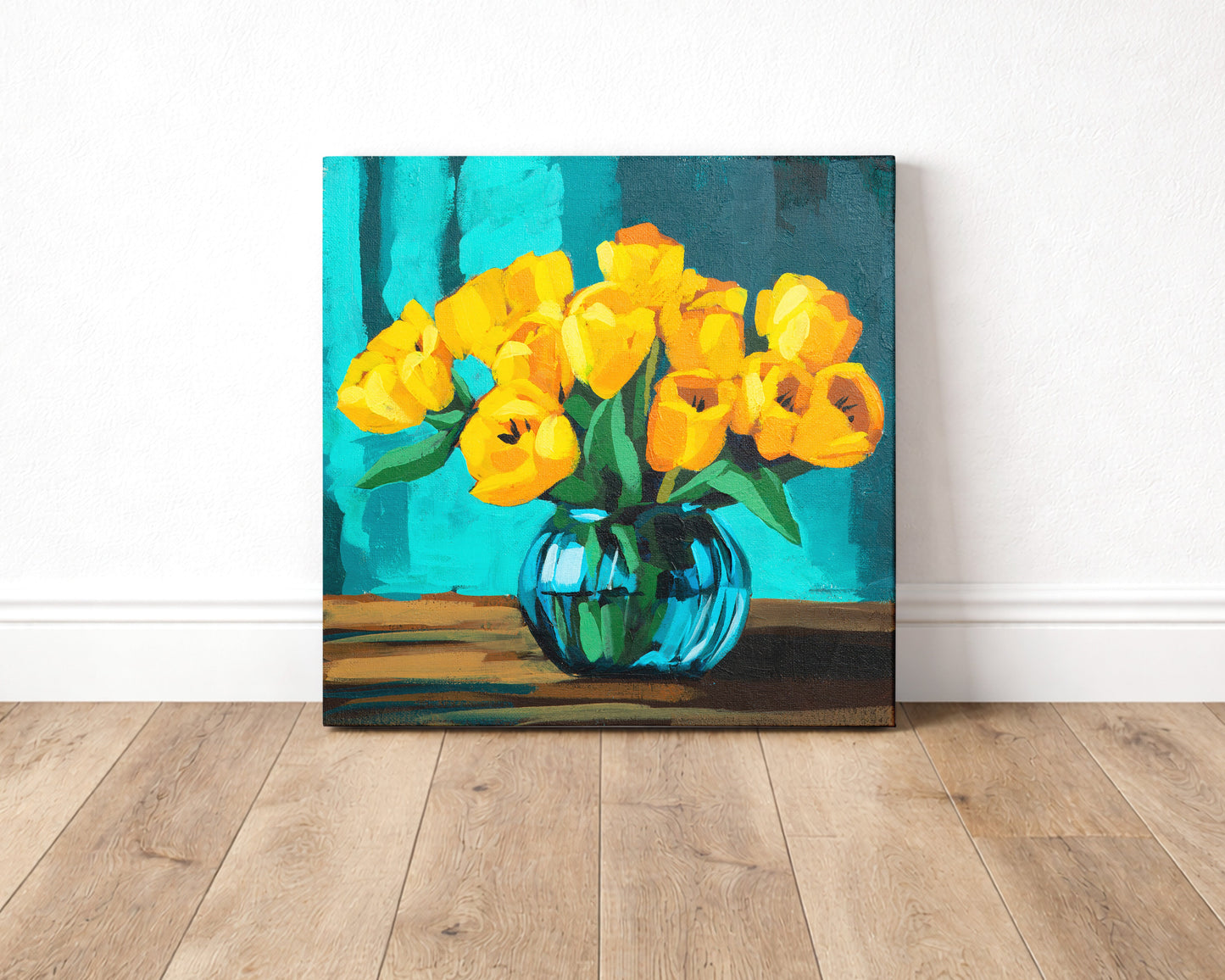 Yellow Tulips in Blue Vase Fine Art Print