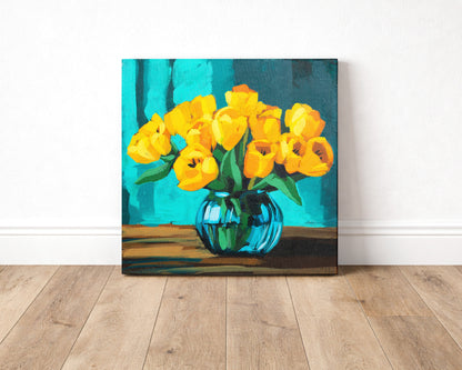 Yellow Tulips in Blue Vase Fine Art Print