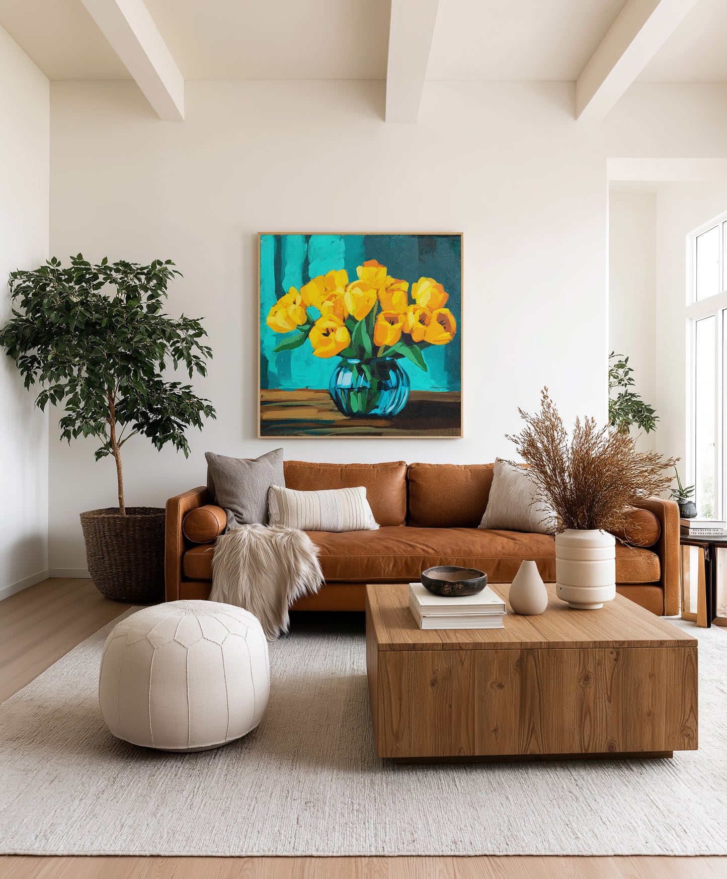 Yellow Tulips in Blue Vase Fine Art Print