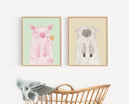 Choose 3 Watercolor Animal Prints, Nursery Decor, Farm Animals