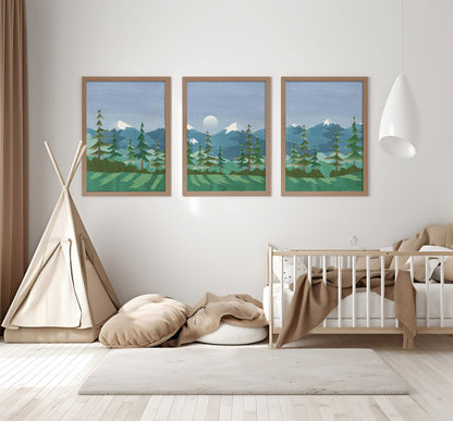 Moonlit Mountains and Trees Nursery Art Prints, Woodland Scene