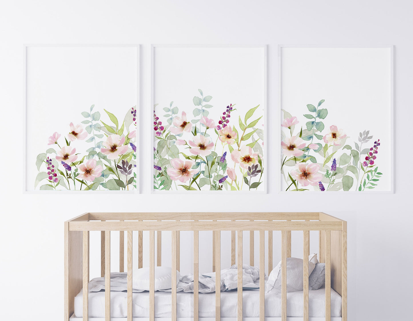 Watercolor Field of Cosmos Flowers, WildFlower Nursery Prints