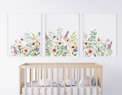 Watercolor Field of Cosmos Flowers, WildFlower Nursery Prints