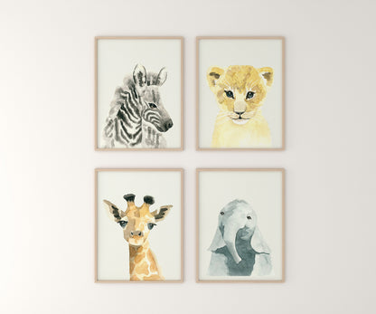 Set of 4 Baby Jungle Animal Watercolor Prints, Safari Animals, Nursery Art