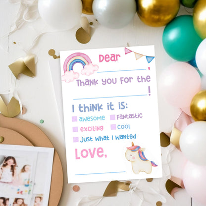 Pastel Unicorn Thank You Cards for Kids, Fill-In Style