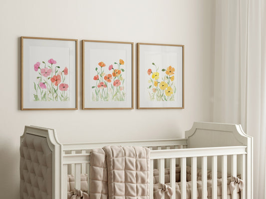 Watercolor Poppy Art Prints, Nursery Decor, Set of 3