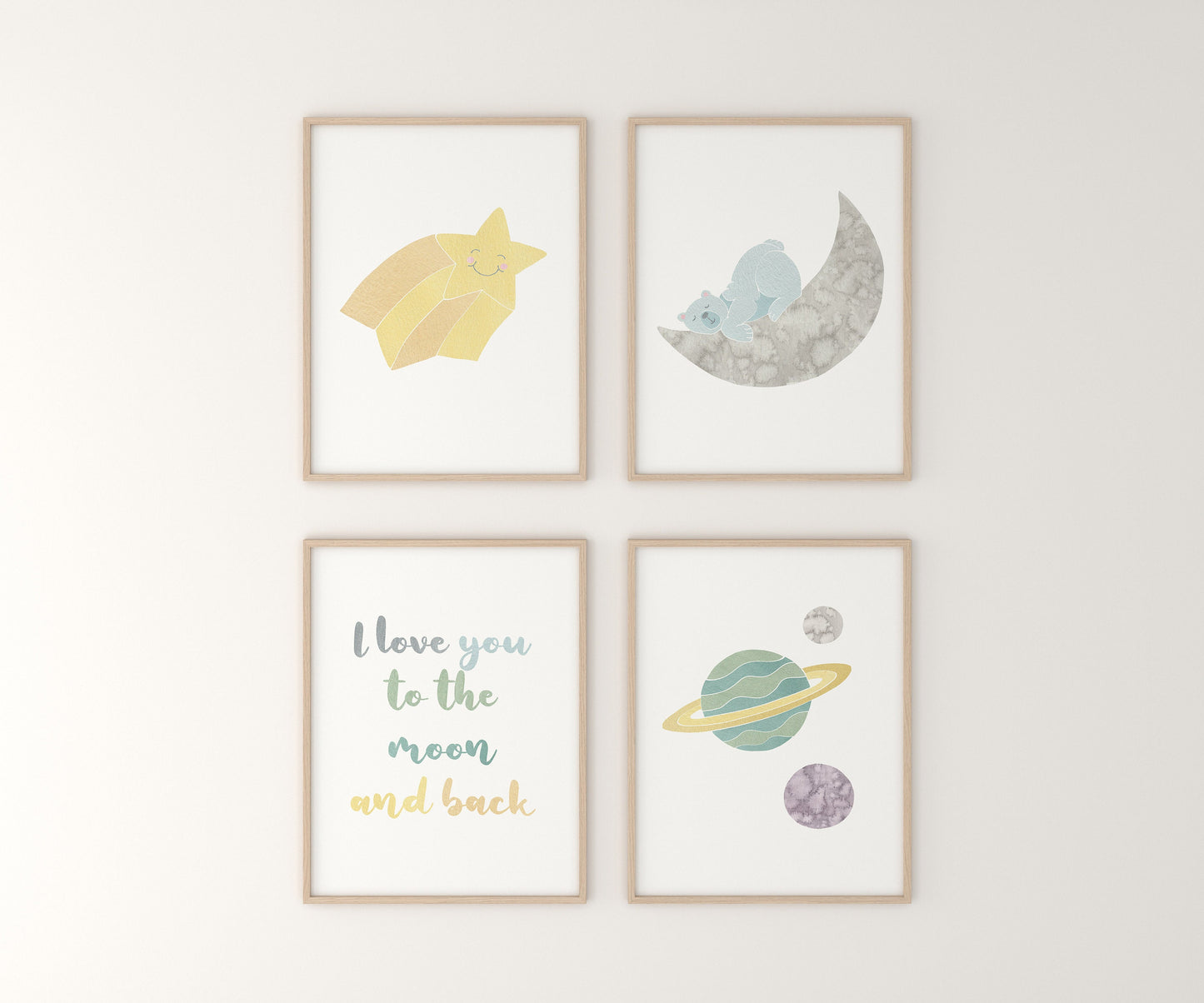 Moon and Stars Nursery Art Prints, Polar Bear Celestial Watercolor (Set of 4)