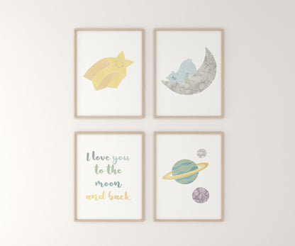 Moon and Stars Nursery Art Prints, Polar Bear Celestial Watercolor (Set of 4)