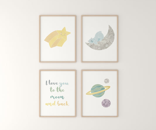 Moon and Stars Nursery Art Prints, Polar Bear Celestial Watercolor (Set of 4)
