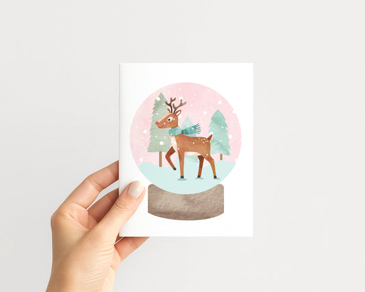 Watercolor Reindeer in a Snow Globe Christmas Cards – Set of A2 Holiday Cards, Blank Inside