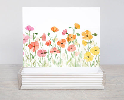 Watercolor Field of Poppies Blank Note Card Set