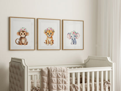 Cutest Baby Jungle Animals with Flowers, Nursery Art, Baby Girl's Room