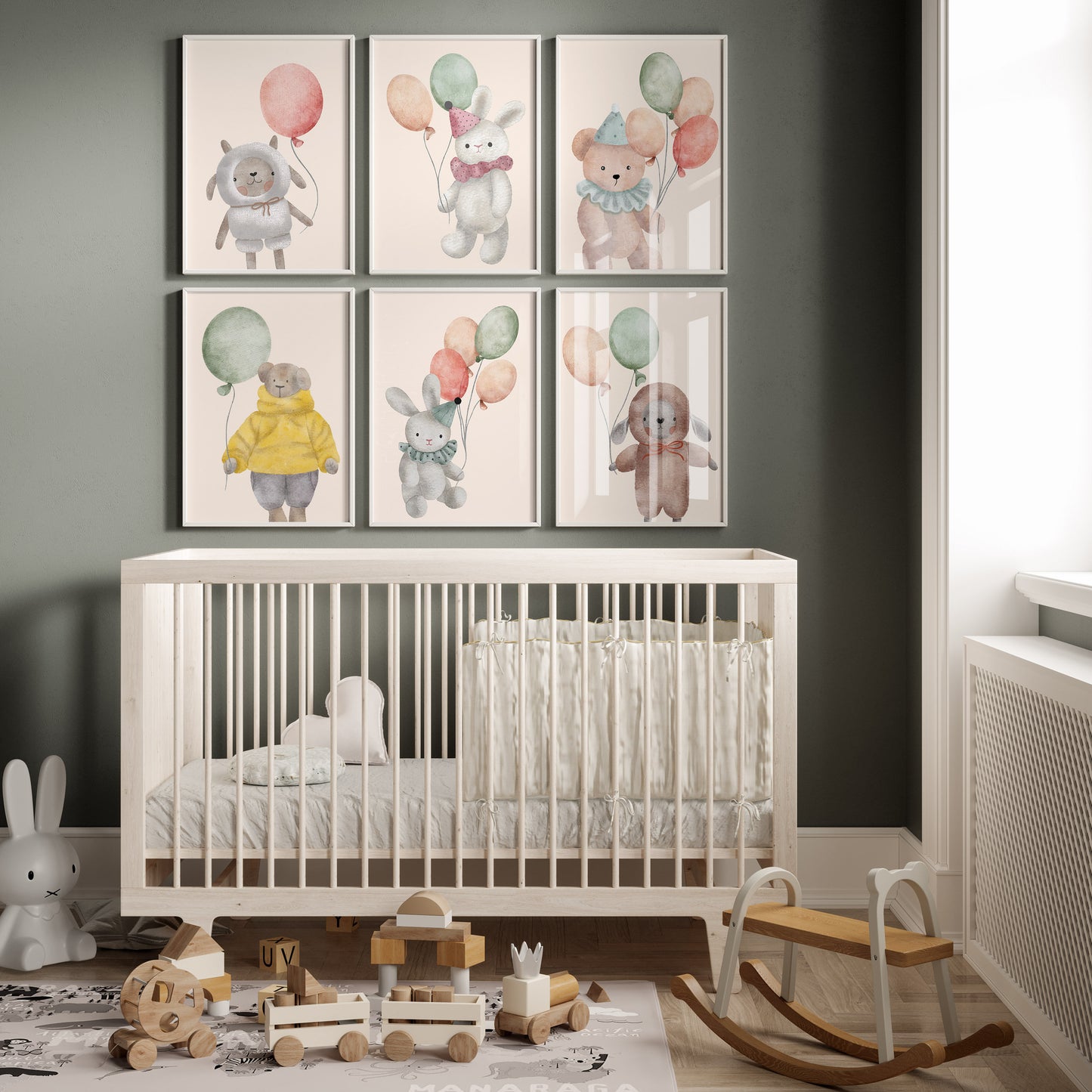 Watercolor Stuffed Animals with Balloons Nursery Art Prints