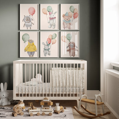 Watercolor Stuffed Animals with Balloons Nursery Art Prints
