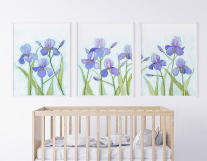 Elegant Spring Irises, Watercolor Flowers, Nursery Art Prints