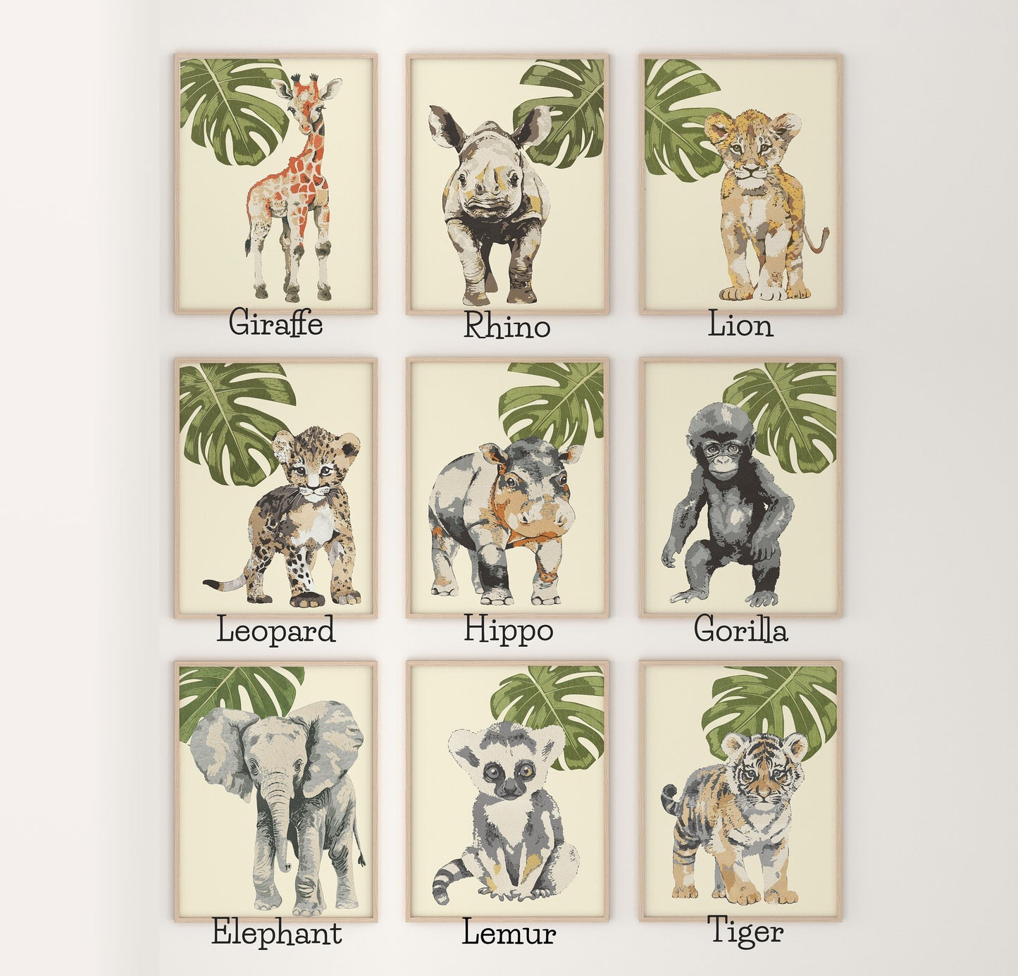 Baby Safari Animals Nursery Art Prints, Wood Cut Style