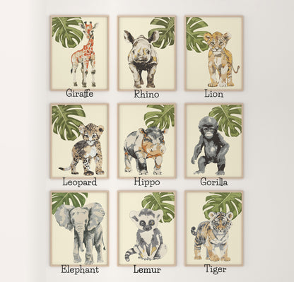 Baby Safari Animals Nursery Art Prints, Wood Cut Style