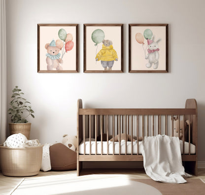 Watercolor Stuffed Animals with Balloons Nursery Art Prints
