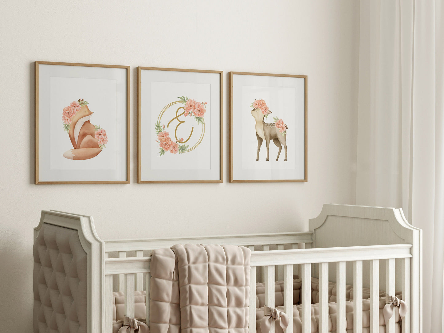 Personalized Nursery Art Prints - Deer and Fox with Floral Monogram Frame - Set of 3
