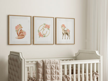 Personalized Nursery Art Prints - Deer and Fox with Floral Monogram Frame - Set of 3
