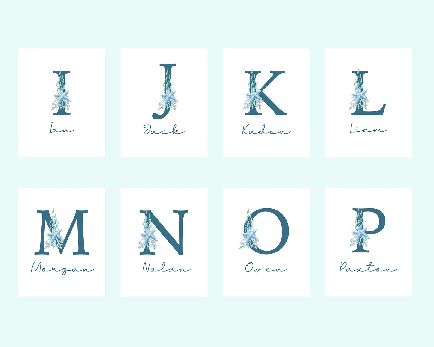 Custom Monogram Nursery Artwork, Watercolor Sea Life Whales and Sea Turtle