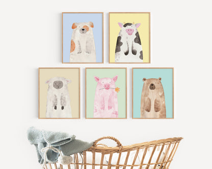 Choose 3 Watercolor Animal Prints, Nursery Decor, Farm Animals