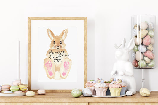 Keepsake Easter Print Baby's Footprints, Cute Bunny Watercolor, Hoppy Easter