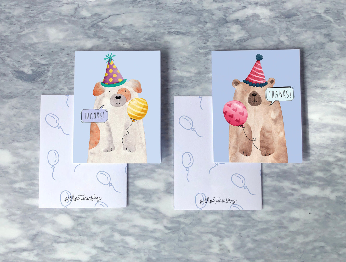Birthday Thank You Cards, Adorable Animals with Hats, Kid's Stationary, Blank Note Cards