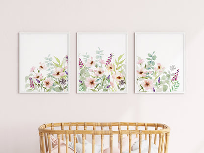 Watercolor Field of Cosmos Flowers, WildFlower Nursery Prints