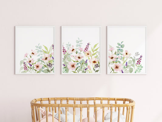 Watercolor Field of Cosmos Flowers, WildFlower Nursery Prints