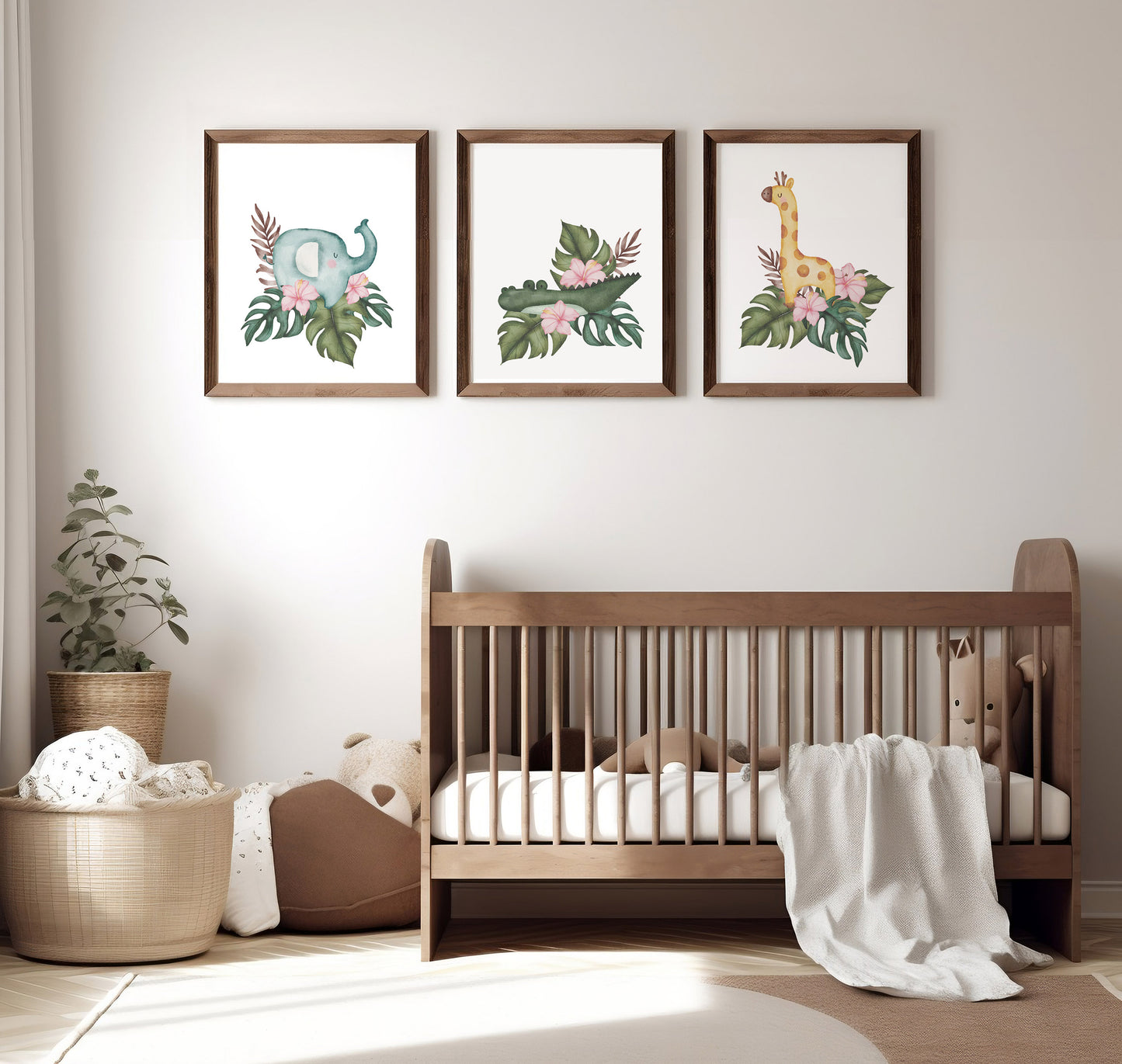 Jungle Animals and Hibiscus Flowers Nursery Art Prints