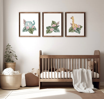 Jungle Animals and Hibiscus Flowers Nursery Art Prints