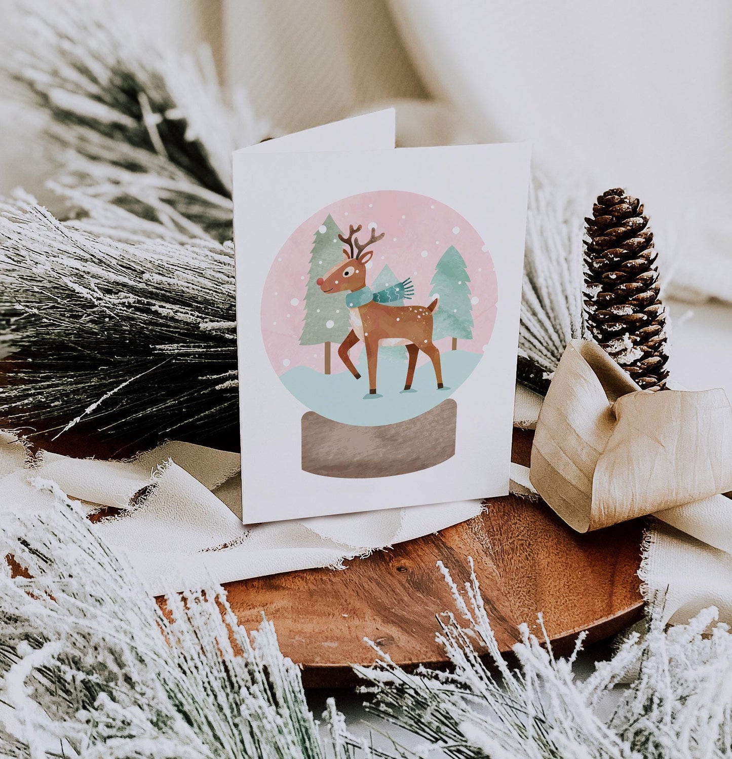 Watercolor Reindeer in a Snow Globe Christmas Cards – Set of A2 Holiday Cards, Blank Inside