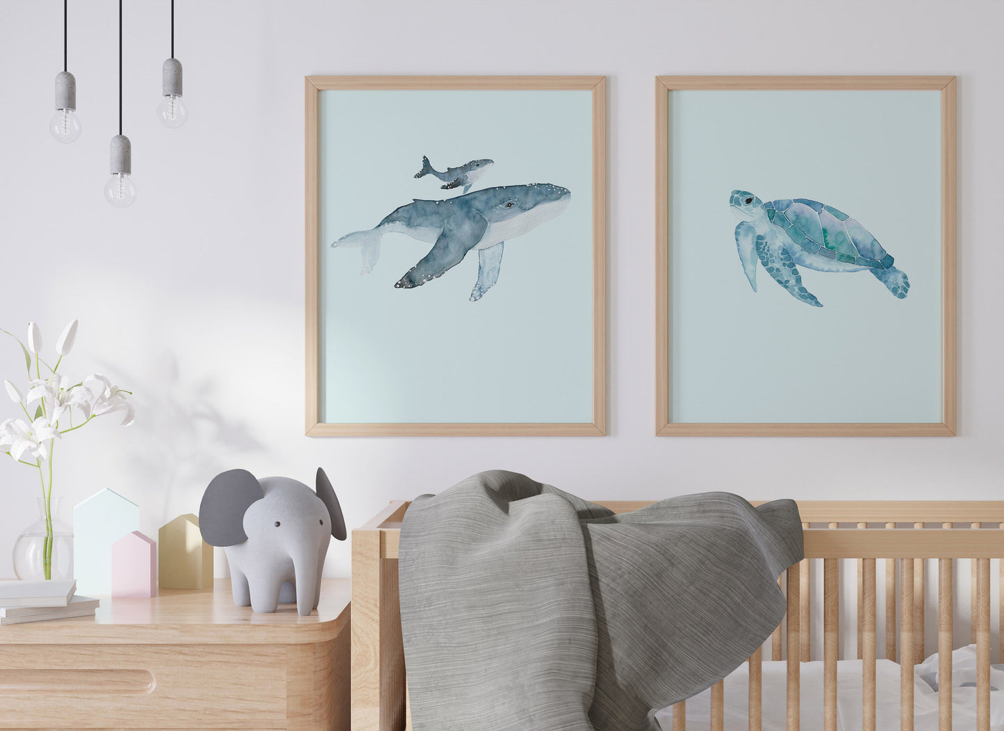 Custom Monogram Nursery Artwork, Watercolor Sea Life Whales and Sea Turtle