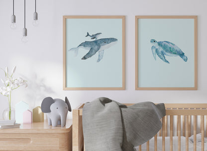Custom Monogram Nursery Artwork, Watercolor Sea Life Whales and Sea Turtle