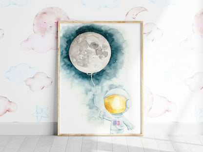 Set of 3 Outer Space Nursery Prints, Rocket and Moon, Astronaut