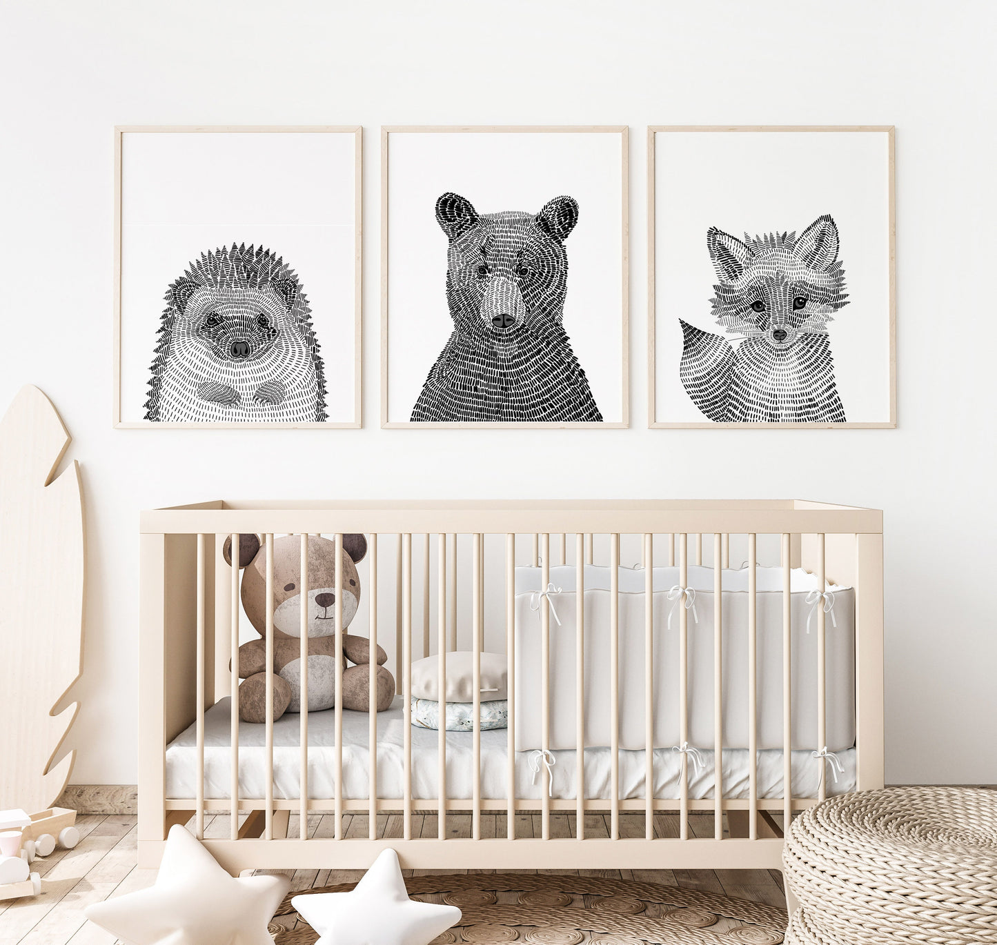 Modern Black and White Woodland Animals Nursery and Childs Room Fine Art Prints