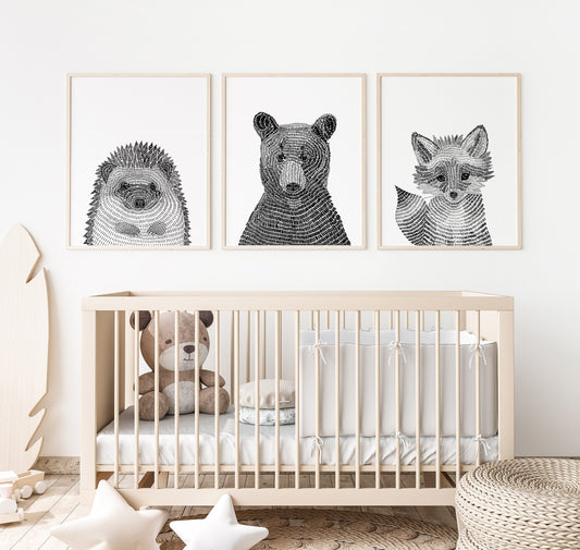 Modern Black and White Woodland Animals Nursery and Childs Room Fine Art Prints