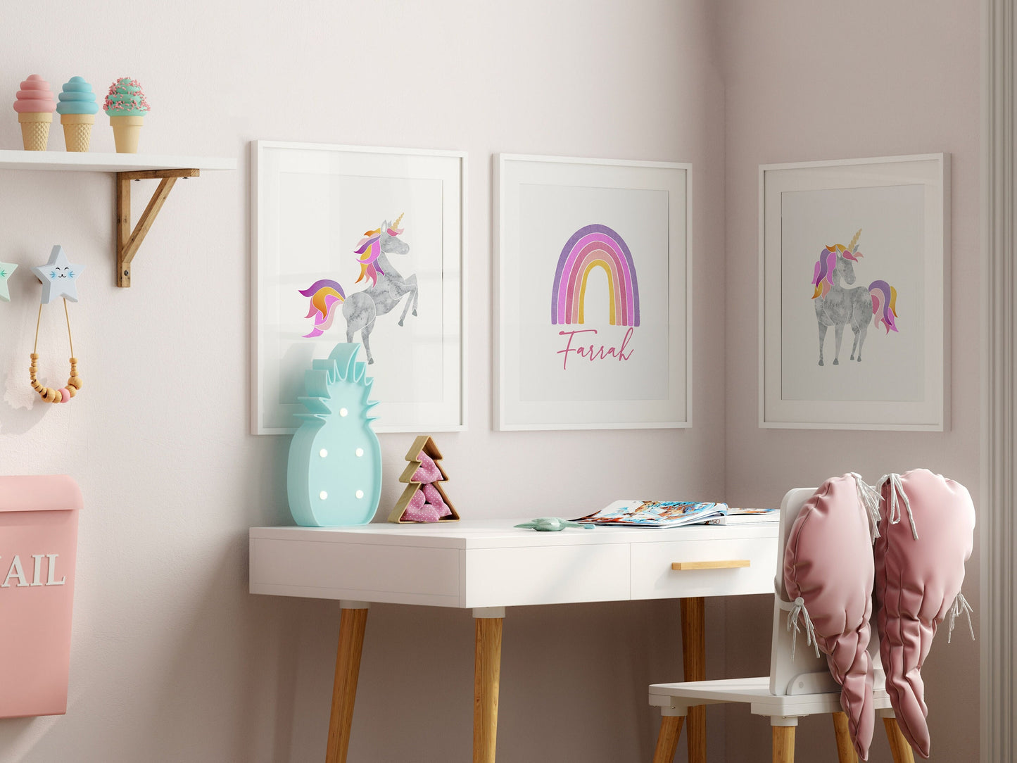 Personalized Monogram Rainbow Unicorn Child's Room Art Prints
