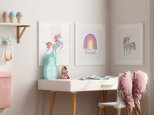 Personalized Monogram Rainbow Unicorn Child's Room Art Prints